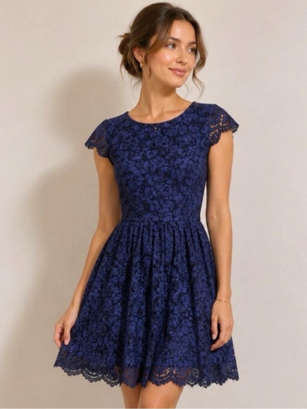 Talula Lace Fit & Flare Dress Navy Blue Cap Sleeve XS